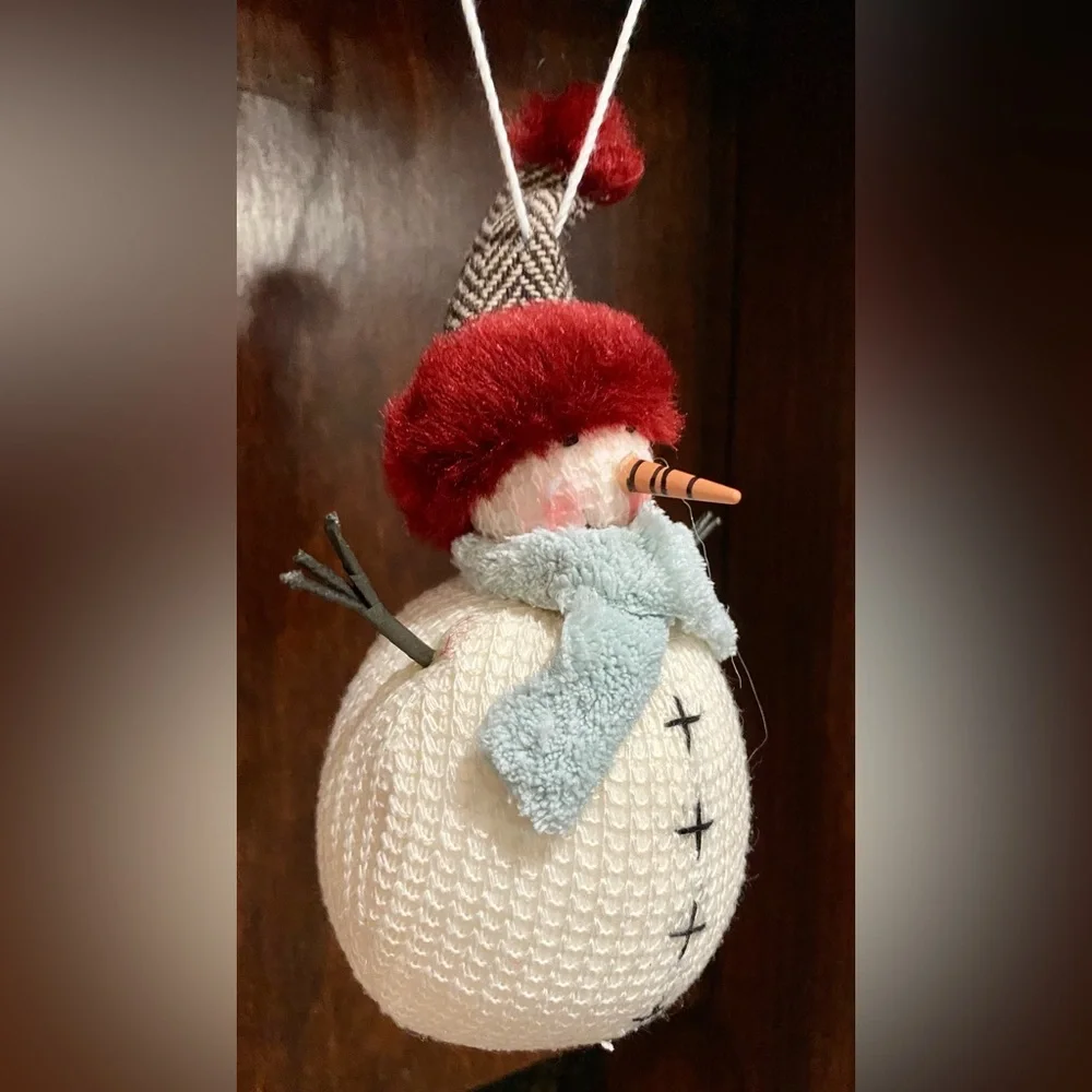 Snowman Cream Fabric Stick Arms Blue Scarf Red Hat Holiday Christmas Ornament